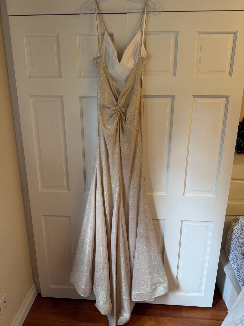 Alyce Paris Glitter Champagne Twisted Front Spaghetti-Strap Gown